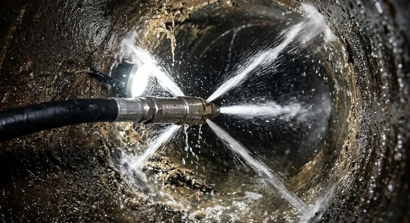 High-pressure hydro jetting nozzle cleaning sewer pipe for Emergency Drain Service in East Point