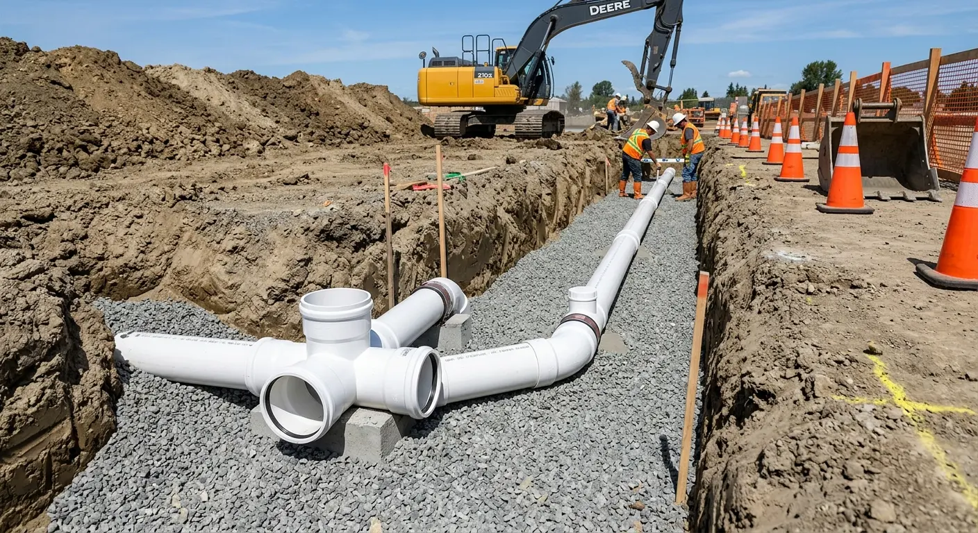 New PVC sewer pipe installation in open trench for Sewer Backup in East Point