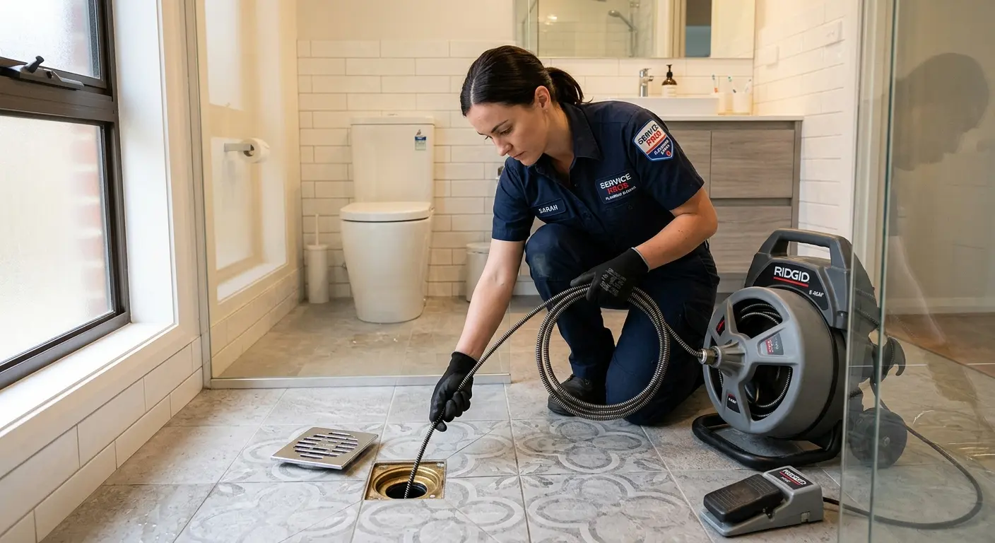 Technician clearing a bathroom floor drain for Drain Repair in East Point
